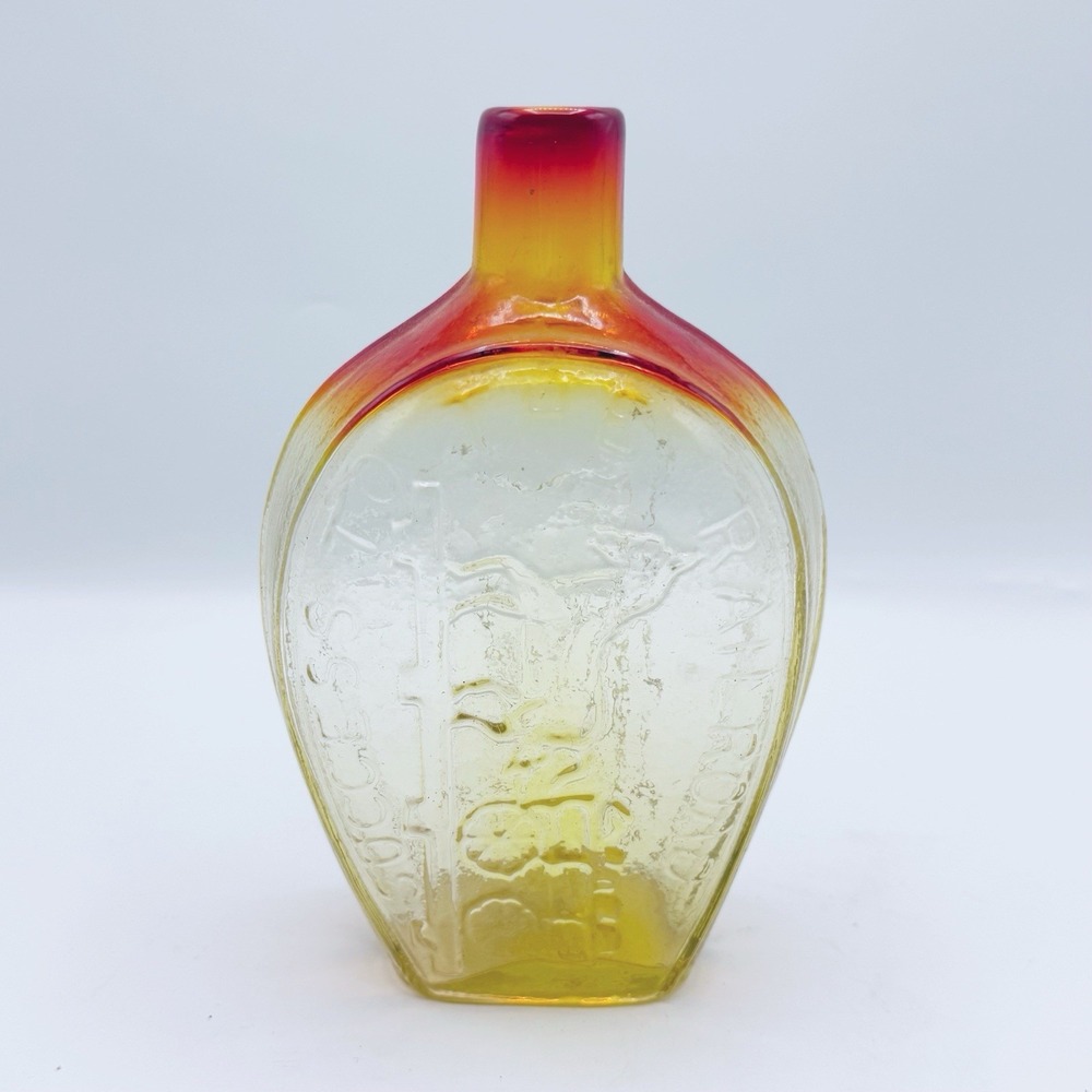 Vtg Amberina Yellow To Red Success To The Railroad Glass Bottle Flask Liquor HTF